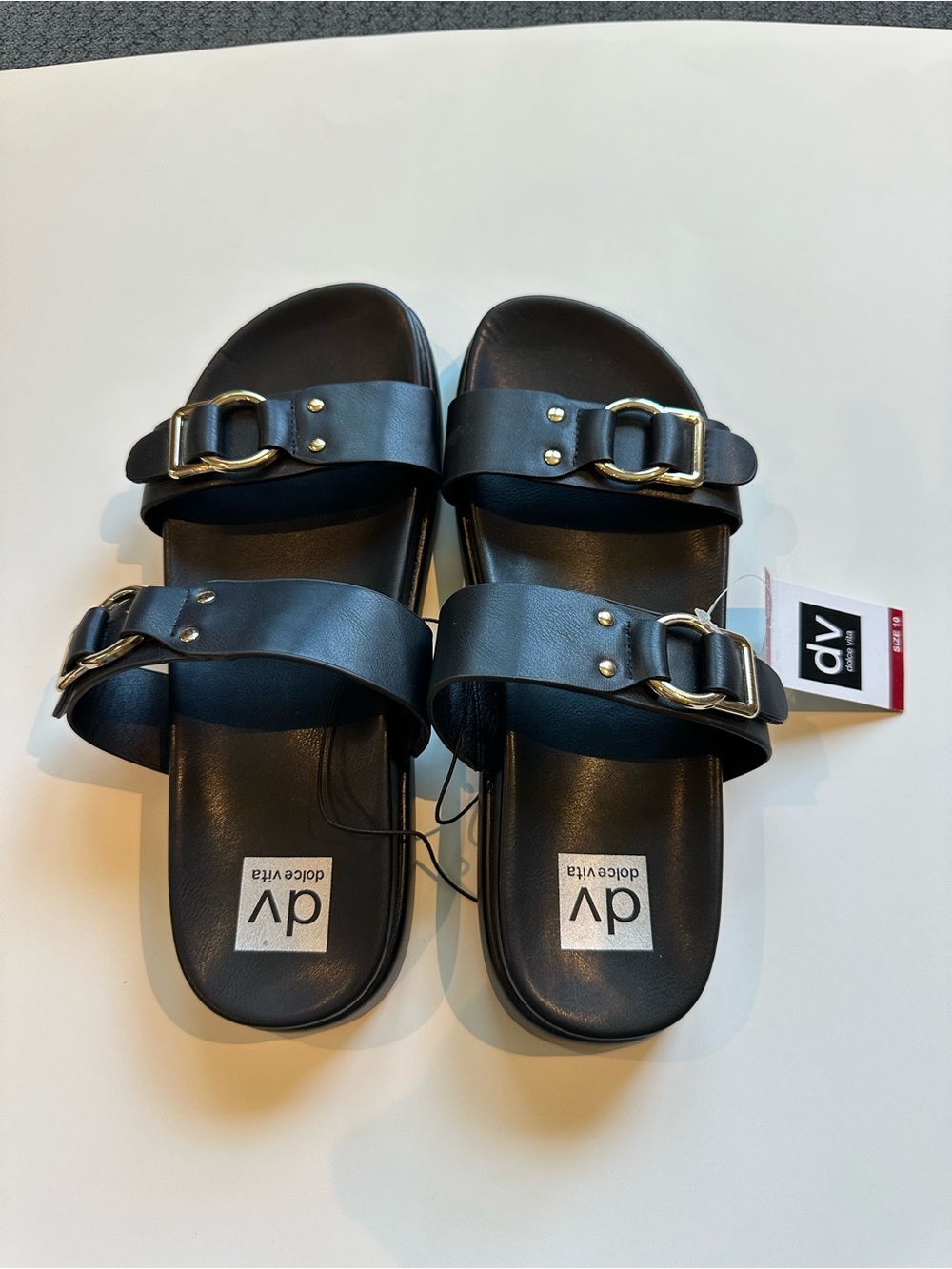 DV by Dolce Vita Black Double-Strap Slide Sandals with Gold Buckle Accents